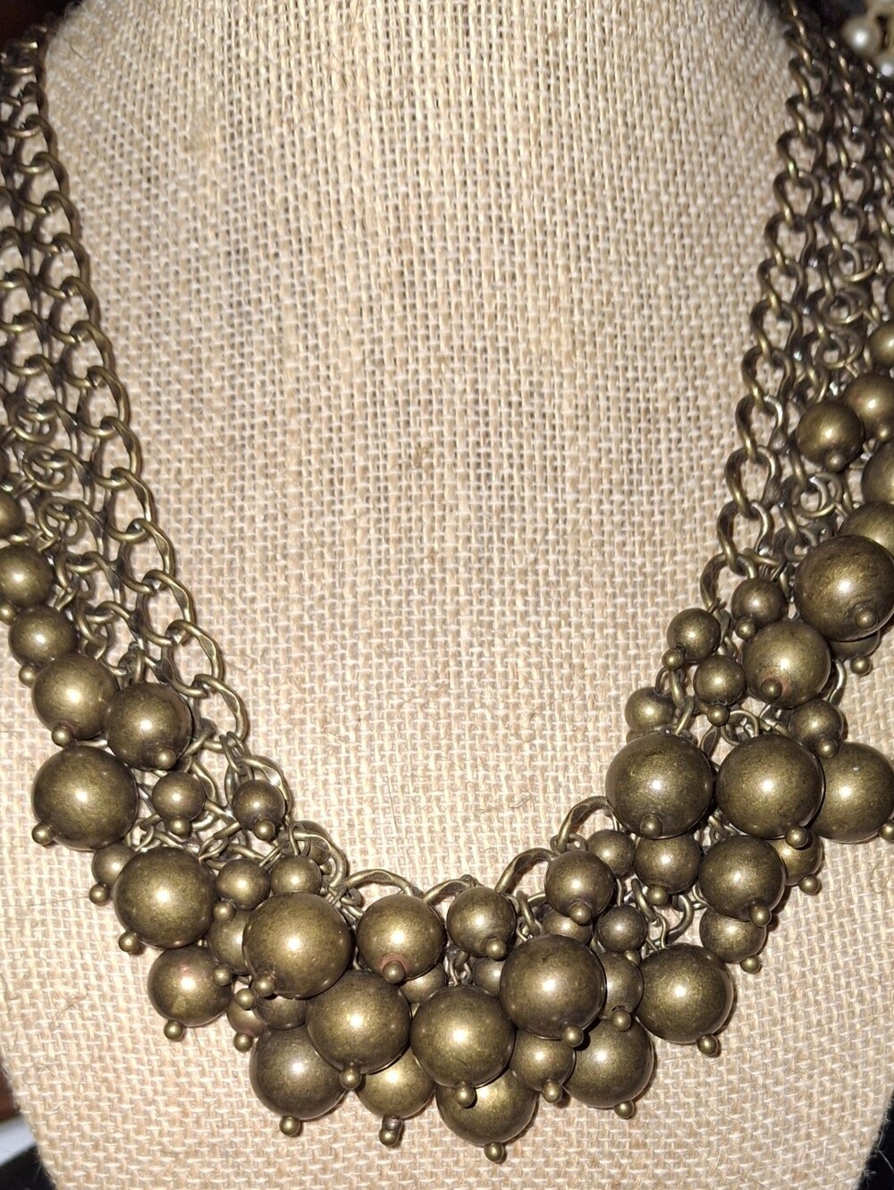 Statement Chainmaille Mesh Multi-Strand Antiqued Gold Bead Bib Necklace